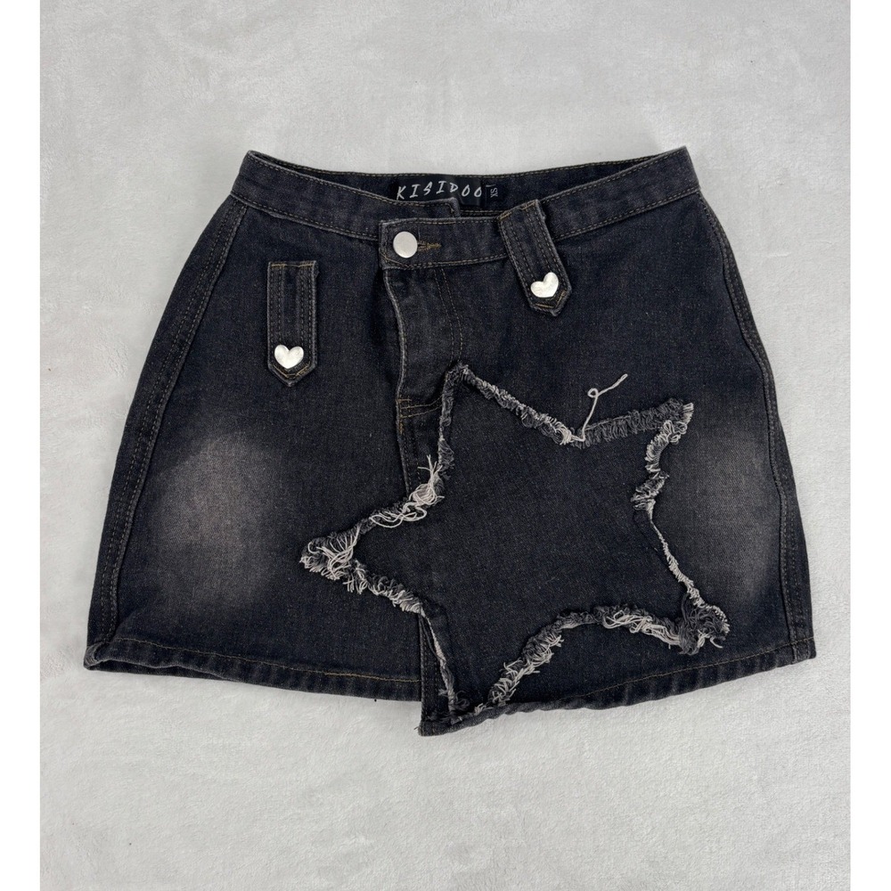 Kisidoo‎ Denim Mini Skirt Womens XS Black Star Patch Heart Studs Y2K Grunge